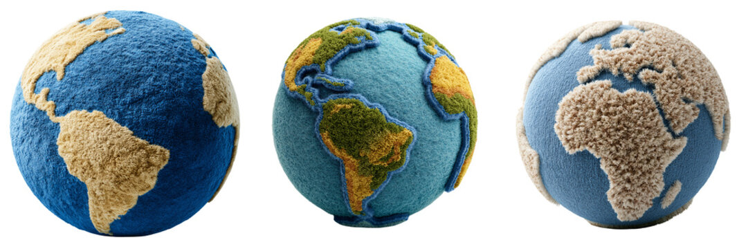 Set of A lifelike fuzzy globe with dense emerald green and ocean blue fur textures, organic rounded shape on transparent png background. Ai generated