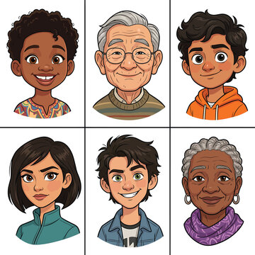 Diverse people avatar set of cartoon portraits with different ages and ethnicities inclusive community vector illustration