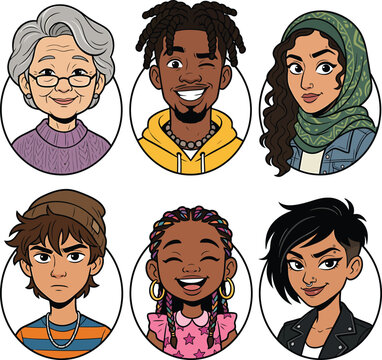Diverse people avatar set with various ethnicities and expressions