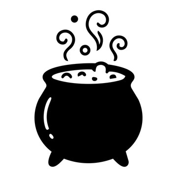 Black silhouette of a cauldron with steam and bubbles on a white background for Halloween