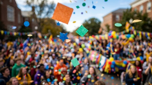 Colorful paper confetti falling over a festive crowded homecoming parade street celebration.