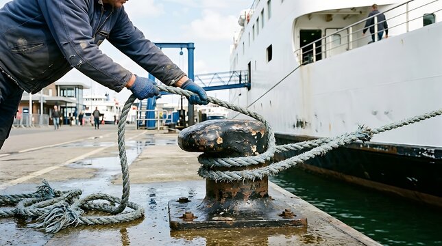 Dockworker secures large ship to bollard with thick rope, demonstrating port operations and maritime safety procedures for marine industry visuals.