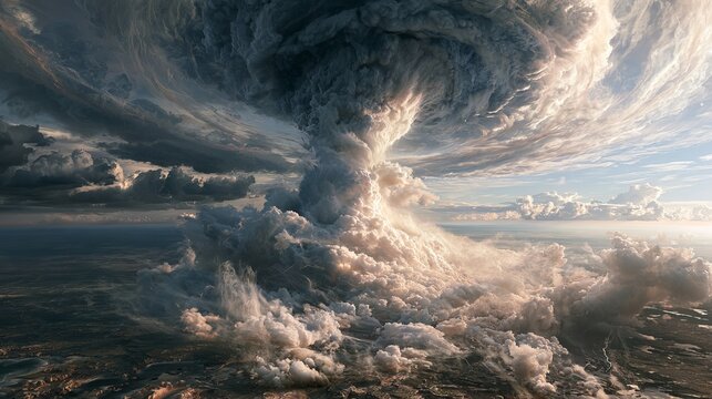 Dramatic storm clouds swirl above a dark ocean, showcasing intense contrast and bright highlights, background representing a powerful weather phenomenon