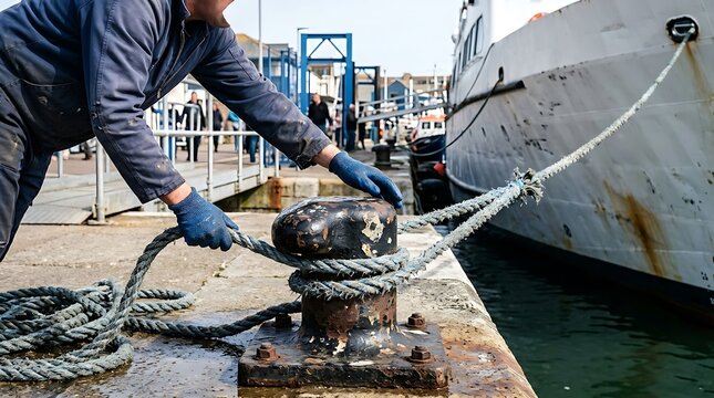 Dockworker secures large ship to bollard with thick rope, demonstrating port operations and maritime safety procedures for marine industry visuals.