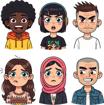 Diverse set of cartoon character avatars showing various facial emotions