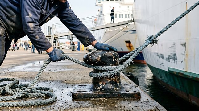 Dockworker secures large ship to bollard with thick rope, demonstrating port operations and maritime safety procedures for marine industry visuals.