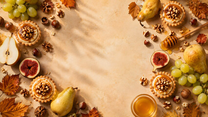 Obraz premium Autumn Pear Grape Fig and Honey Dessert Frame