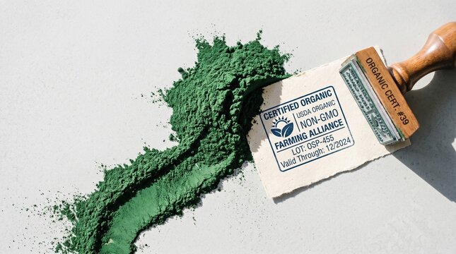 Green spirulina powder creates an artistic swirl as it spills on a neutral surface. The certified organic label emphasizes its quality, promising health benefits and non-GMO assurance.