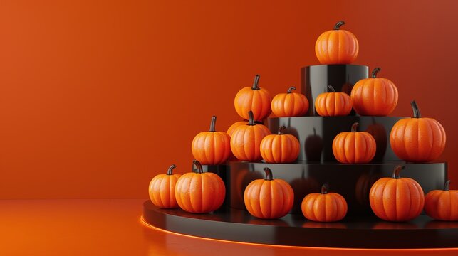 Black podium display surrounded by orange pumpkins halloween sale mockup background