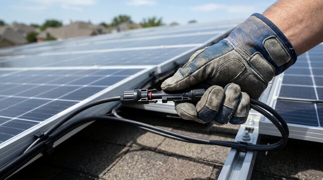 Electrician connecting MC4 solar panel cables on a residential rooftop installation.