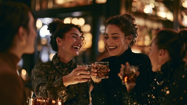 Two cheerful women clink glasses while sharing joyful laughter within a lively bar setting, concept for friendship and celebratory moments