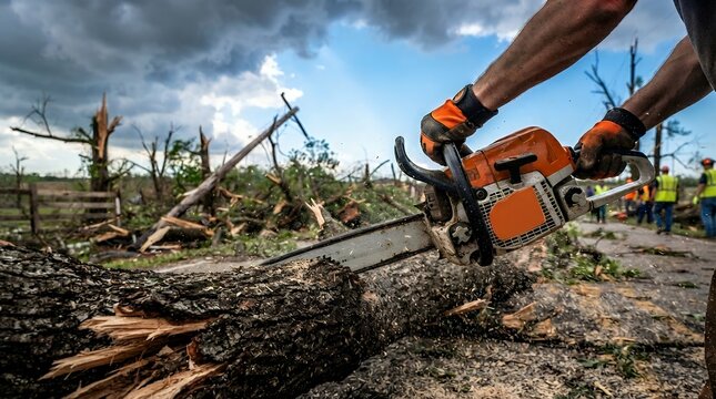 Worker using chainsaw for storm damage cleanup and road debris removal after tornado disaster.