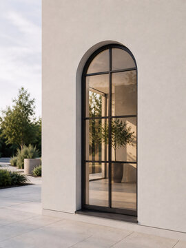 Elegantes Rundbogenfenster mit schwarzem Rahmen an moderner Fassade