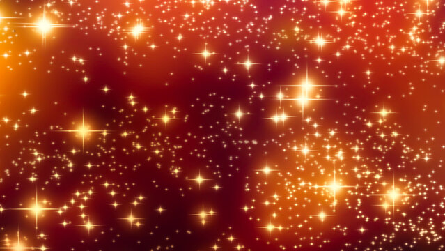 abstract starry sky for christmas backgrounds, shiny golden stars on glowing red background with copy space, star pattern for xmas greeting card