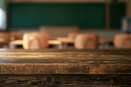 Empty classroom with wooden desk in foreground, chairs and blackboard in background