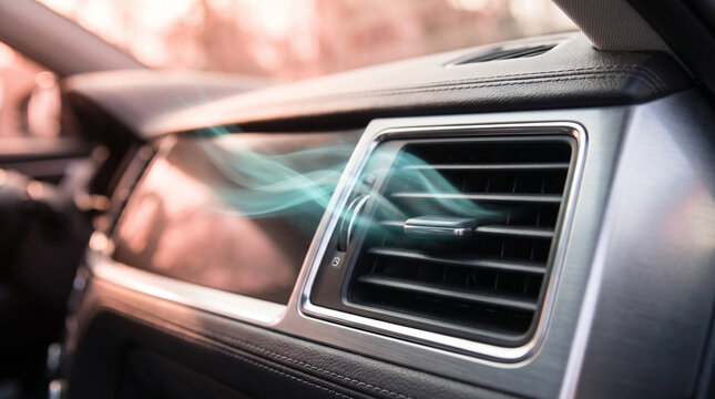 Modern car interior showing air conditioning vent with cool fresh air flowing for comfort.