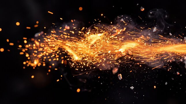 Bright orange sparks and glowing embers flying through the air against a dark background with burning embers scatter solid black background temperature pyrotechnic atmospheric combustion dynamic