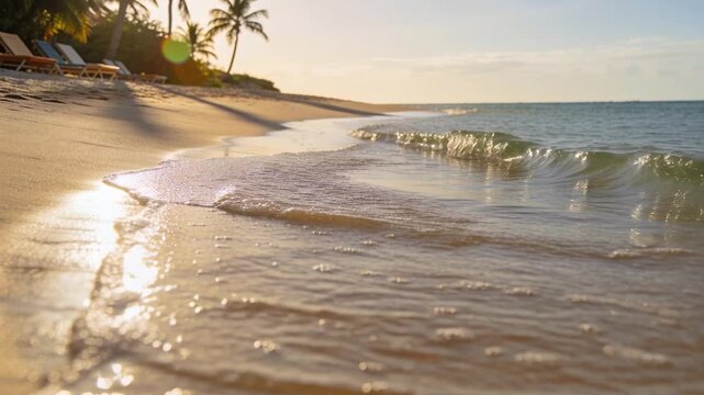 Rolling shore foam and thin surf moving across wet shore, breeze driving palm shade, lounge chairs