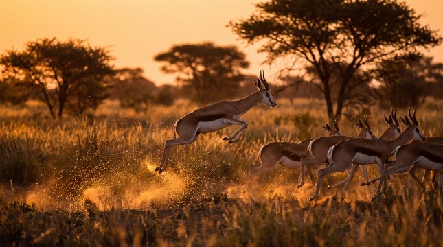 A springbok leaps through the air as a herd runs across the grassy savanna with while herd antelope dry savanna sunset springbok springs environment wilderness silhouette grassland landscape with dust