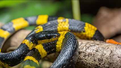 Obraz premium Close-up of a Venomous Coral Snake with Black and Yellow Bands.