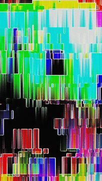 Neon cyan and green glitch halftone with vertical pixel sorting and datamosh dot distortion on black. Suits rave and nightclub design for music event flyers or digital branding