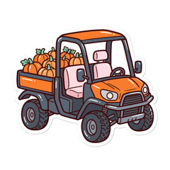 Fototapeta premium Orange utility vehicle loaded with pumpkins during harvest season with a happy autumn mood
