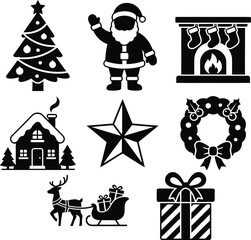 Naklejka premium A grouping of traditional black christmas silhouettes depicting a decorated tree santa claus a cozy fireplace presents a house reindeer and a shining star