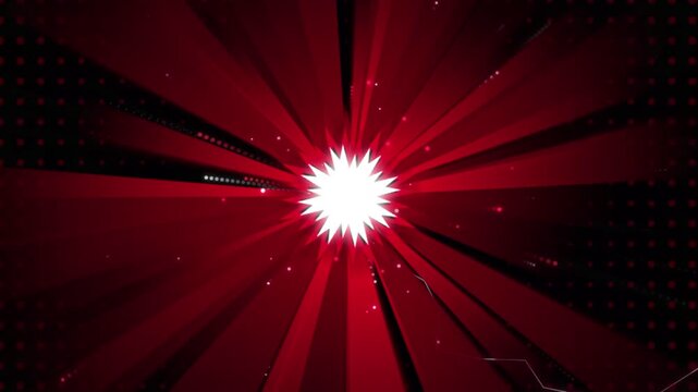 Explosion of red rays and light particles creating an intense comic book style action background graphic.