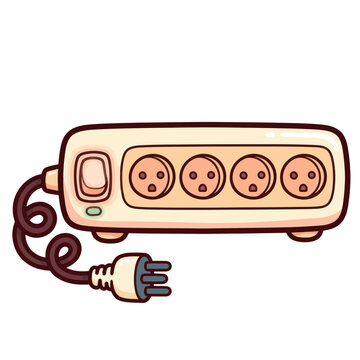 Power strip with four sockets and a plug while light glows on the switch for electricity supply