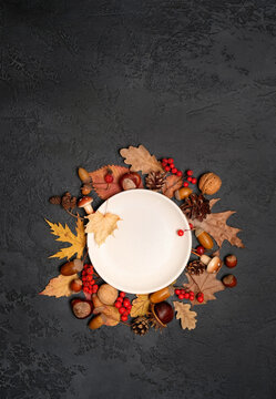 Autumn table setting with plate and fall nature decorations. empty plate, leaves, nuts, cones, acorns on dark background. symbol of autumn gratitude and celebration. harvest, mabon, thanksgiving day