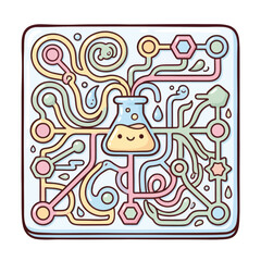Fototapeta premium Cute cartoon flask experiment with colorful tubes and happy face joyfully exploring science and discovery