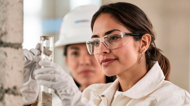 Female scientist wearing safety glasses and gloves examining a test tube during laboratory research with colleague in background