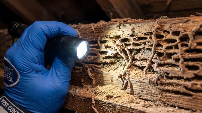 Pest control inspector examining termite damage on a wooden house beam