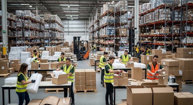 Warehouse workers packaging and organizing