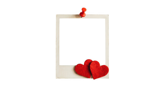 Instant film frame with red hearts and pushpin isolated on transparent background