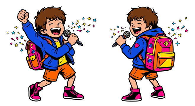 Joyful Boy Singing with Microphone and Backpack - Two Poses