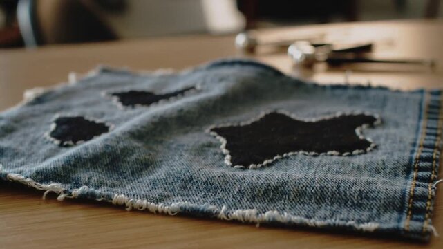Shifting camera revealing denim swatch with three black patches on table, showing stitch detail