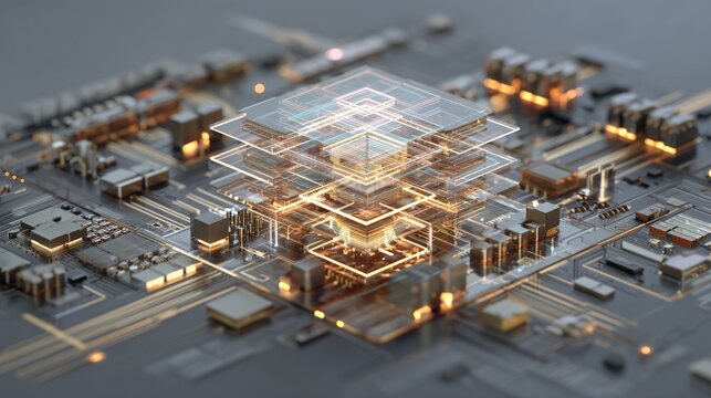 Futuristic microchip and circuit board with glowing layered core, symbolizing high performance computing interconnect, data flow, and advanced semiconductor architecture.