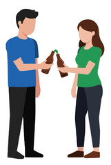 Obraz premium Couple returning empty bottles for recycling deposit, faceless flat vector illustration showing a man and woman exchanging glass soda bottles in a sustainable eco-friendly lifestyle scene
