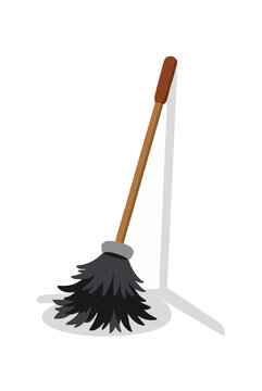 Hand-traced vector illustration of a classic feather duster leaning in a corner, featuring a wooden handle, metal ferrule, and fluffy black bristles on white background, vintage cleaning tool graphic