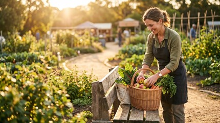 Fototapeta premium Relieved shopper organizes market produce in a basket