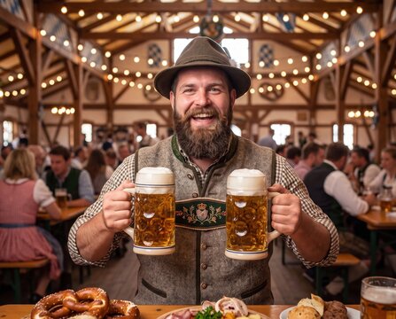 Happy bearded Bavarian man holding two beer mugs at crowded Oktoberfest beer hall