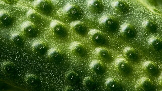 Vibrant green plant surface reveals a complex texture showing raised bumps, demonstrating intricate natural patterns and detailed botanical structure
