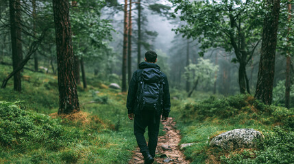 Fototapeta premium traveler hiking through ancient forest surrounded by tall trees and soft morning mist, eco tourism and outdoor adventure concept, cinematic natural light, realistic photography