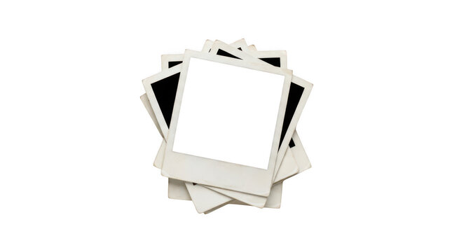 Stack of vintage instant film photo frames isolated on transparent background