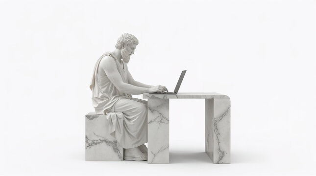 Photorealistic ancient Greek philosopher marble statue seated in a minimalist studio, symbolizing wisdom and classical culture.