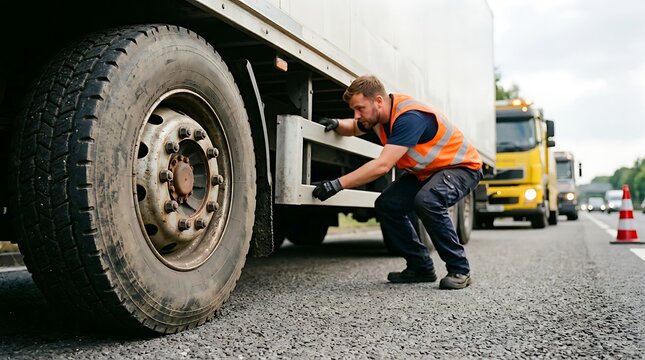 Professional recovery technician crouching beside large cargo truck inspecting chassis framework during emergency mechanical assistance operation on motorway.
