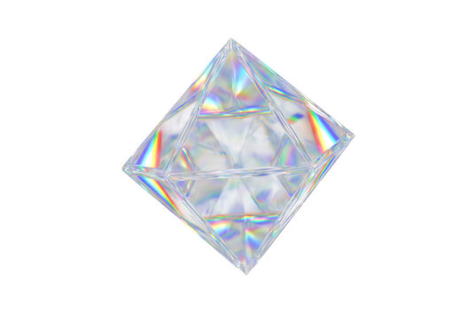 Holographic crystal diamond octahedron shape reflecting rainbow light isolated. Render transparent glass shape. 3d vector morphism