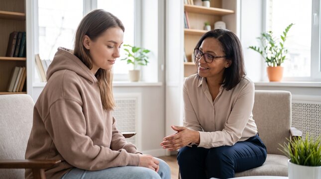 Supportive Counseling Session Involving a Young Adult Experiencing Body Dysmorphic Disorder, Sitting Comfortably With a Mental Health Professional in a Bright Private Consultation Room