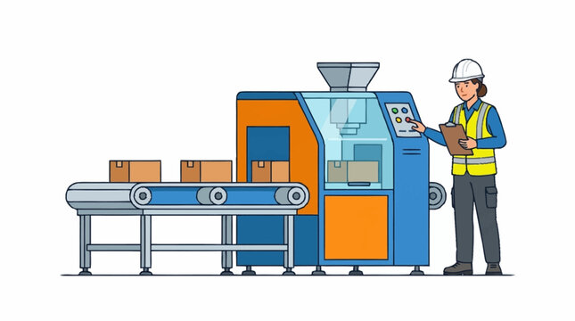 Worker operating modern industrial packaging machine in factory.